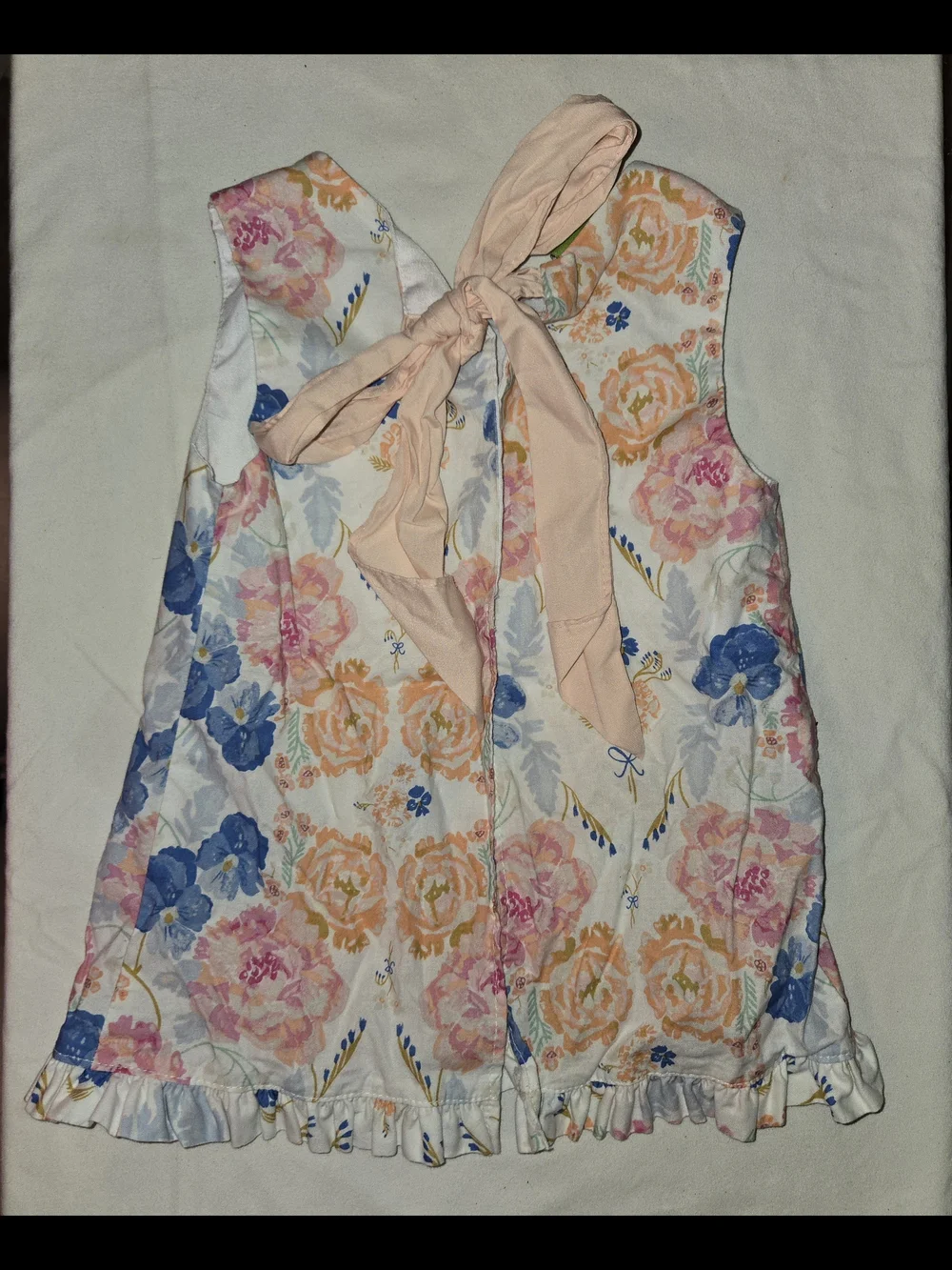 Le Za Me Girls Floral Ruffle Hem Tank - White with Pink & Blue Flowers Sz 24M